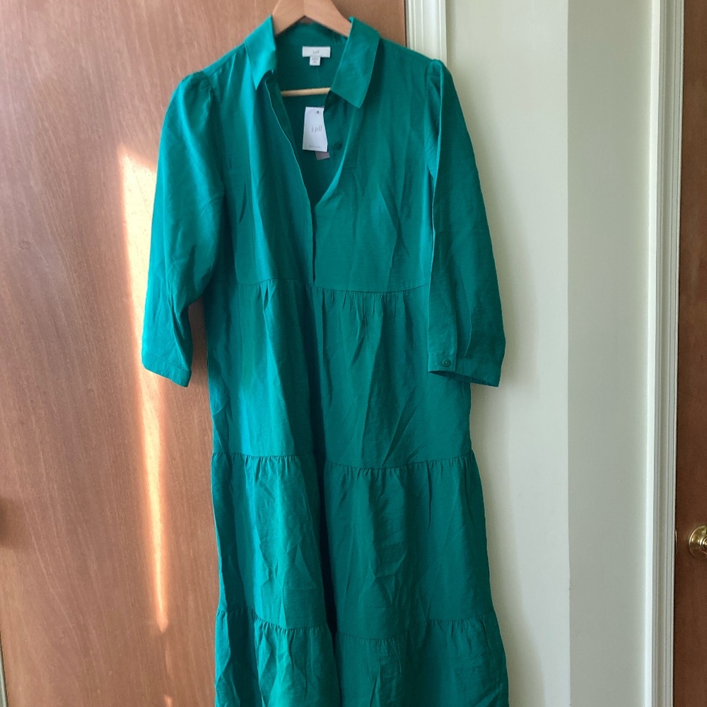 Malachite green midi-flounce dress from J.Jill, NWT, Size MP